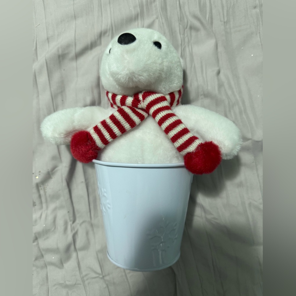 White Plush Bear with Red Striped Scarf ❄️